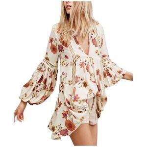 Free People Just The Two Of Us Paisley Printed Tunic Size XS Floral Lace Boho
